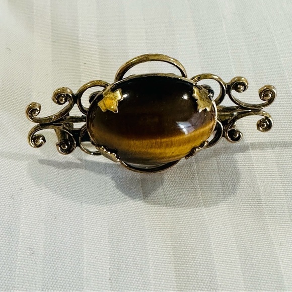 Vintage Floral Tiger’s Eye Brooch Pin - Picture 3 of 4